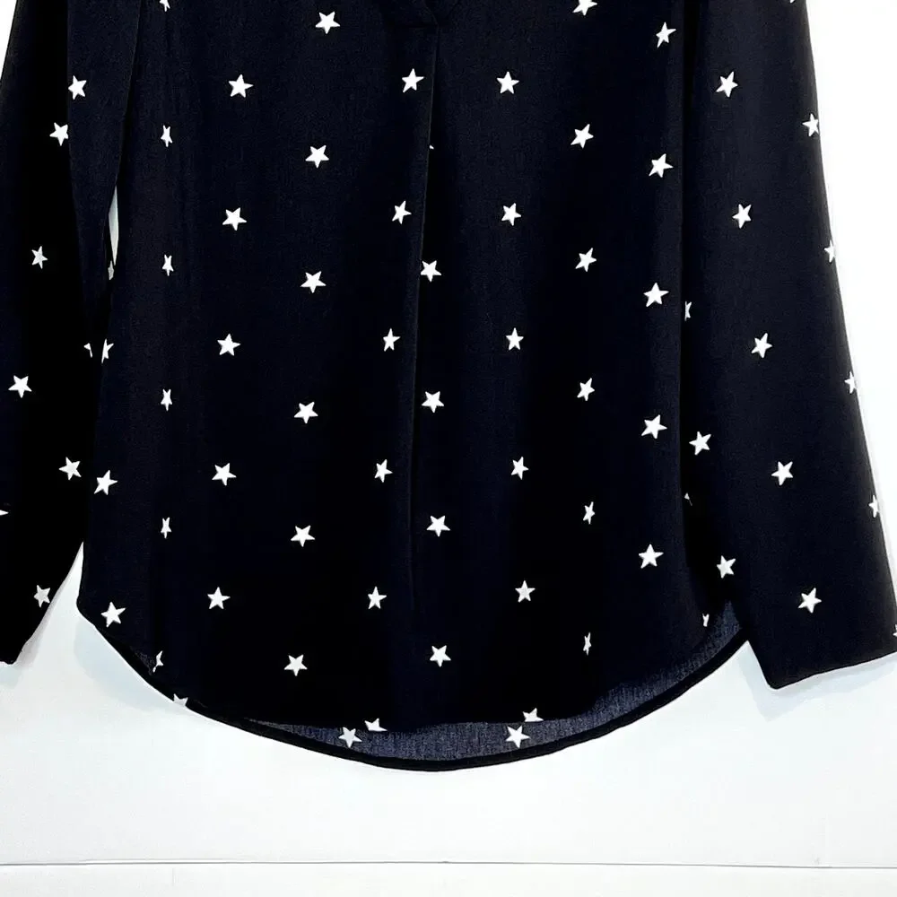 J. Crew Long Sleeve V Neck Star Popover Blouse Black White Womens XS
